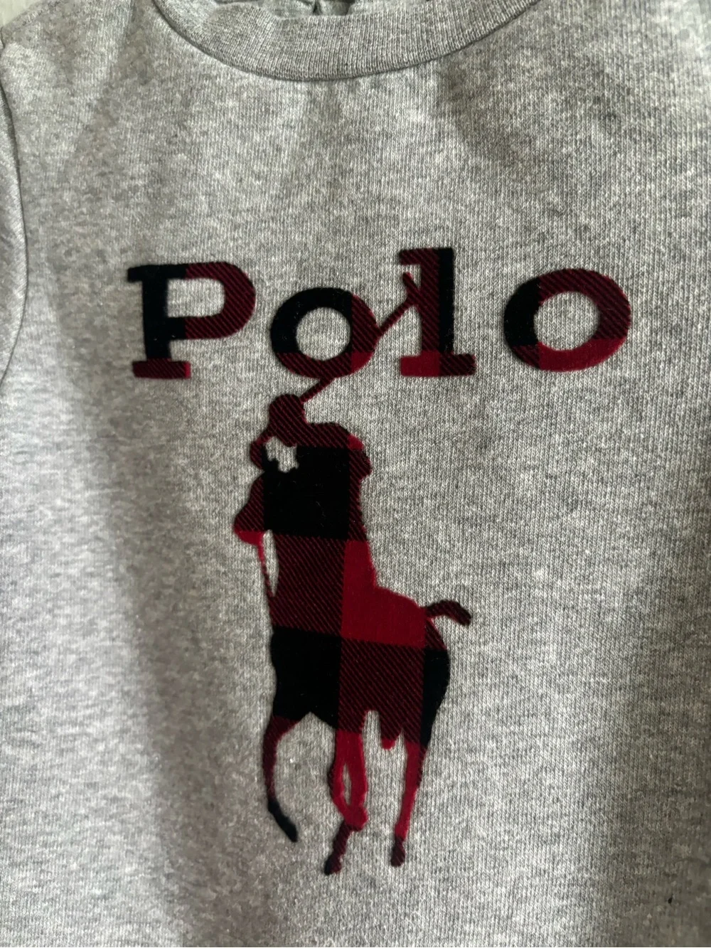 Ralph Lauren Gray Baby One-Piece with Red Plaid Polo Logo